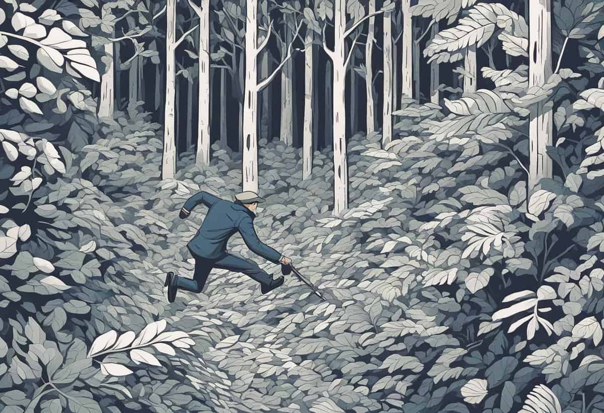 A person running through a stylized, monochromatic forest with dense foliage on the ground.