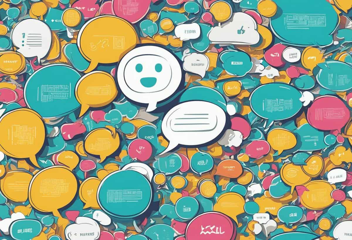A colorful background filled with overlapping speech bubbles containing various symbols and text, representing a bustling conversation or exchange of information.
