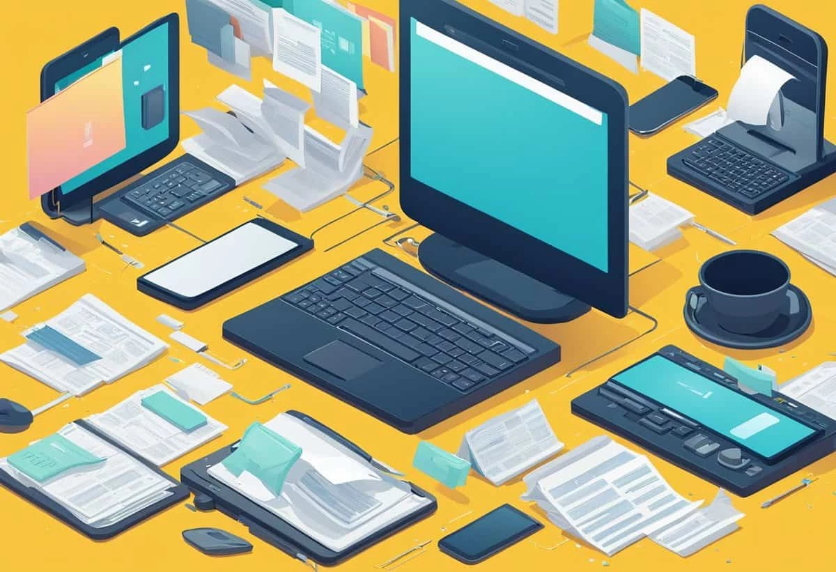 Isometric illustration of a cluttered desk with various digital devices and scattered papers.