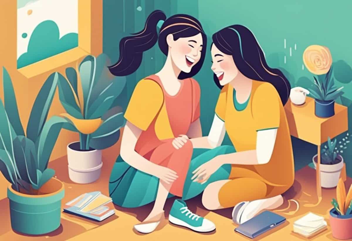 Two animated women laughing together in a cozy room filled with plants and books.
