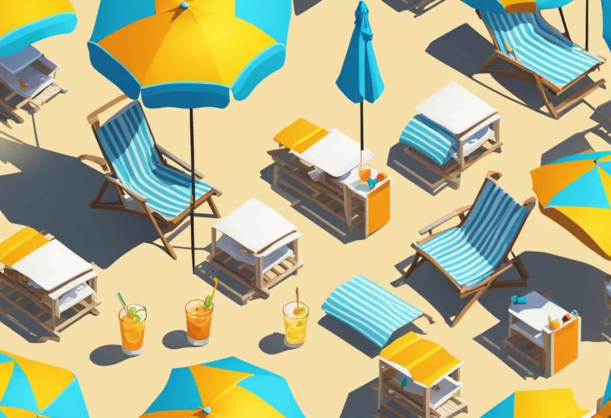Colorful beach umbrellas and lounge chairs on a sandy beach, suggesting a relaxing vacation scene.