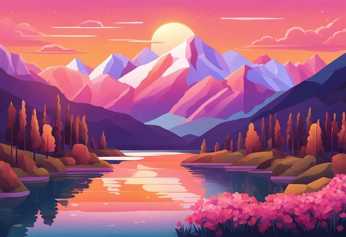 A vibrant, stylized illustration of a mountain landscape at sunset with reflections on a serene lake.