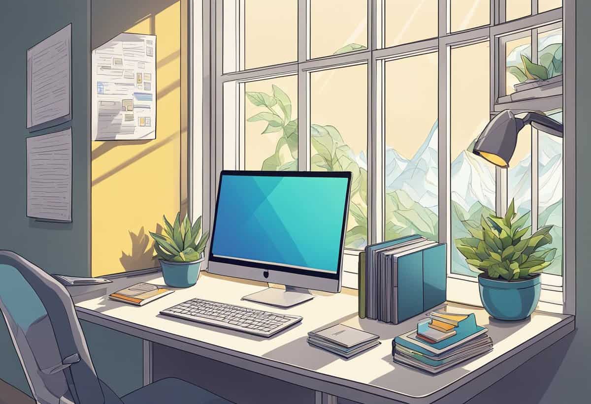 A tidy, sunlit home office with a desktop computer, plants, and stationery arranged on a white desk.
