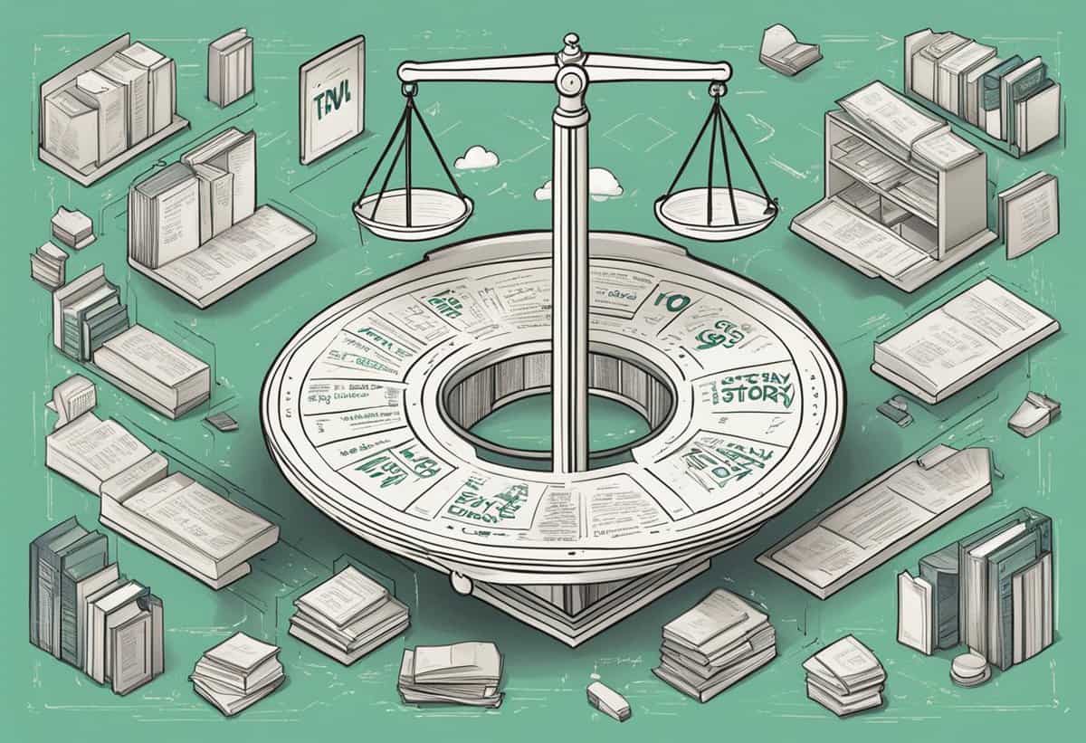 An illustration of a circular library design with a central balance scale, surrounded by books and documents, symbolizing the concept of legal and historical knowledge.