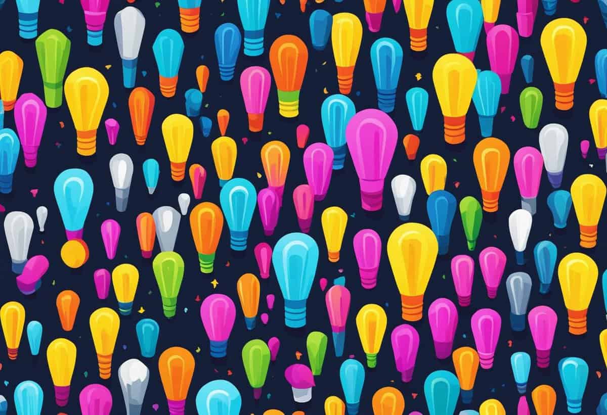 Colorful light bulb pattern on a dark background.