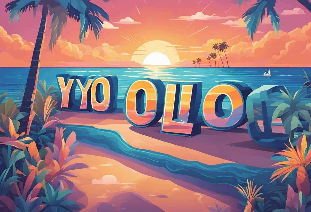 A vibrant, retro-style illustration featuring large, stylized letters spelling "yolo" on a beach at sunset with palm trees and a sailboat in the distance.