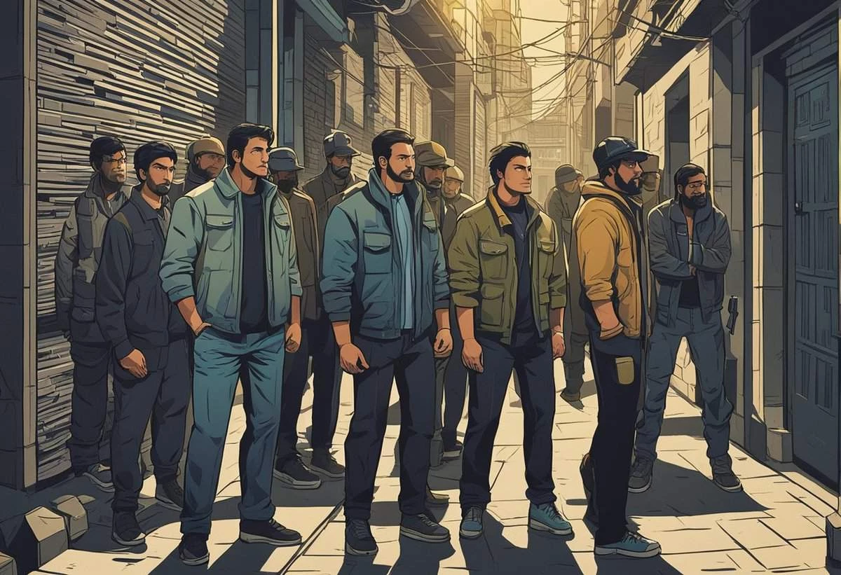 A group of animated male characters, dressed in work attire, standing in an alleyway with a determined expression.