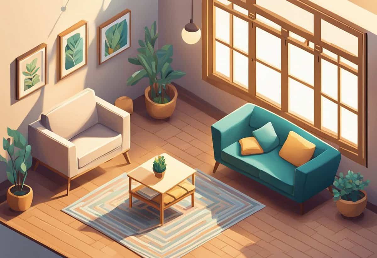 A cozy, well-lit living room with modern furniture and indoor plants.