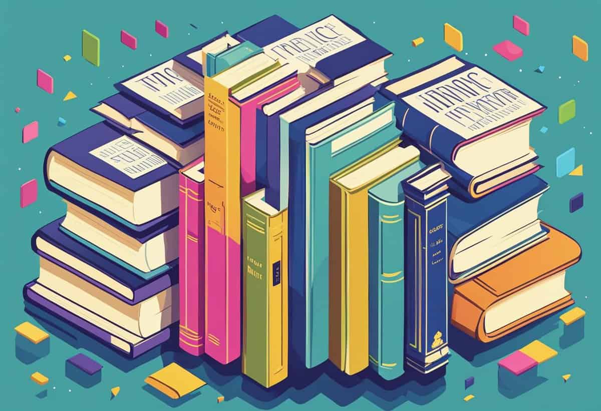A colorful assortment of stylized books stacked and arranged against a geometric background.
