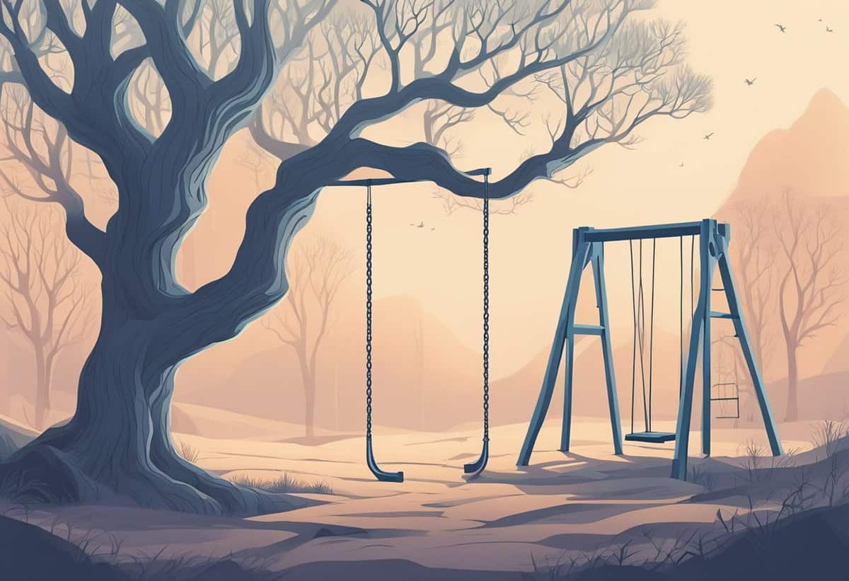 An empty swing set beside a gnarled tree in a misty, desolate landscape.
