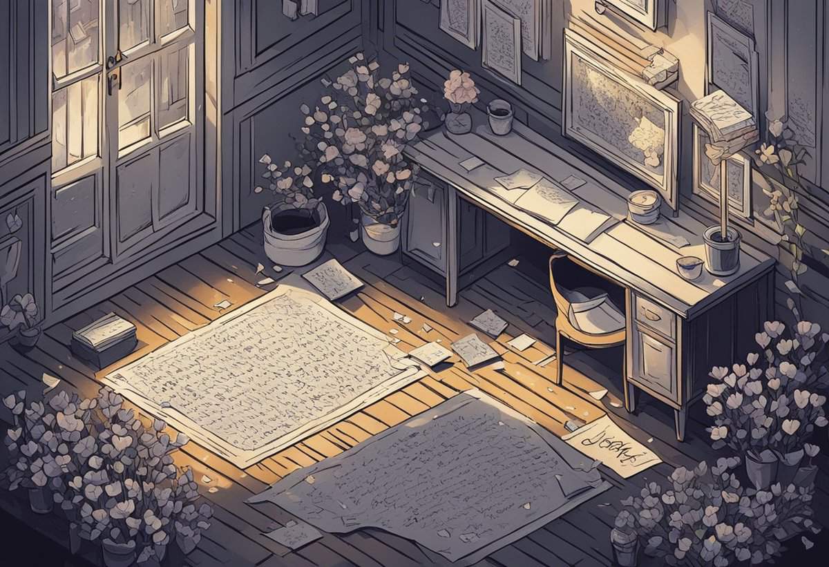 An illustrated serene study room at dusk with an open window, scattered papers, and blooming plants.