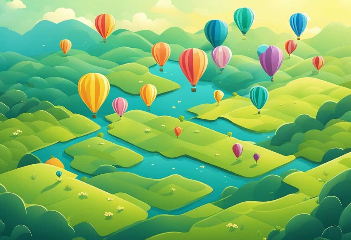 Colorful hot air balloons floating over a picturesque landscape with rolling green hills and a serpentine river.