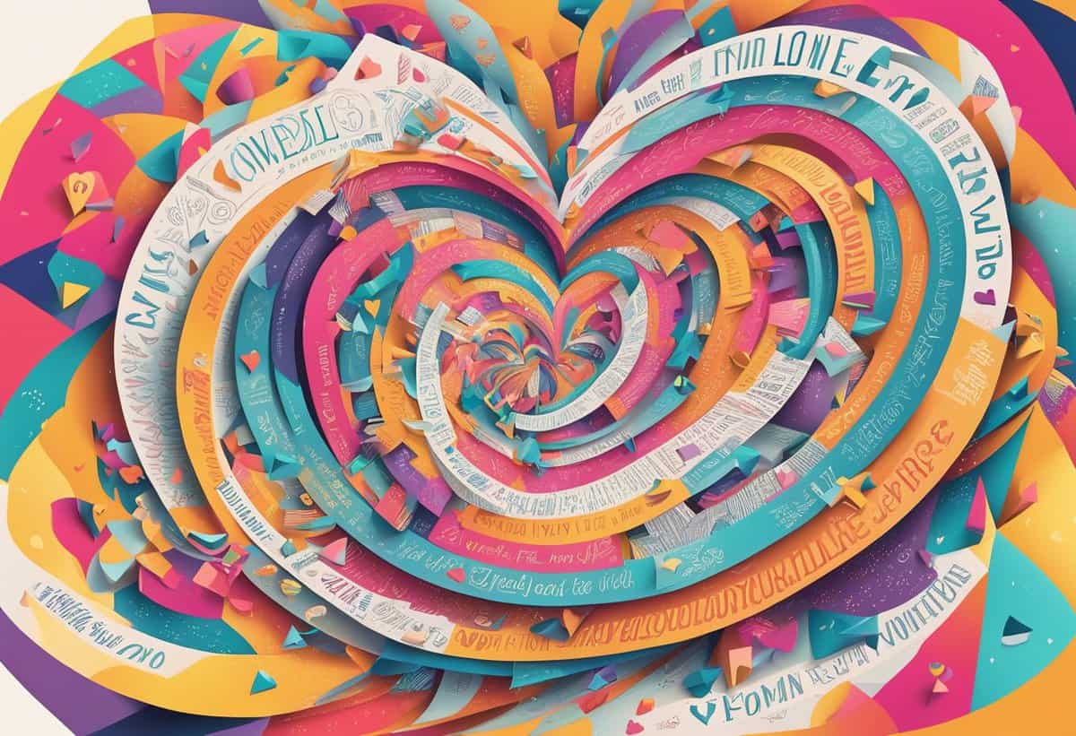 Colorful, layered heart-shaped paper art with vibrant patterns and text elements.