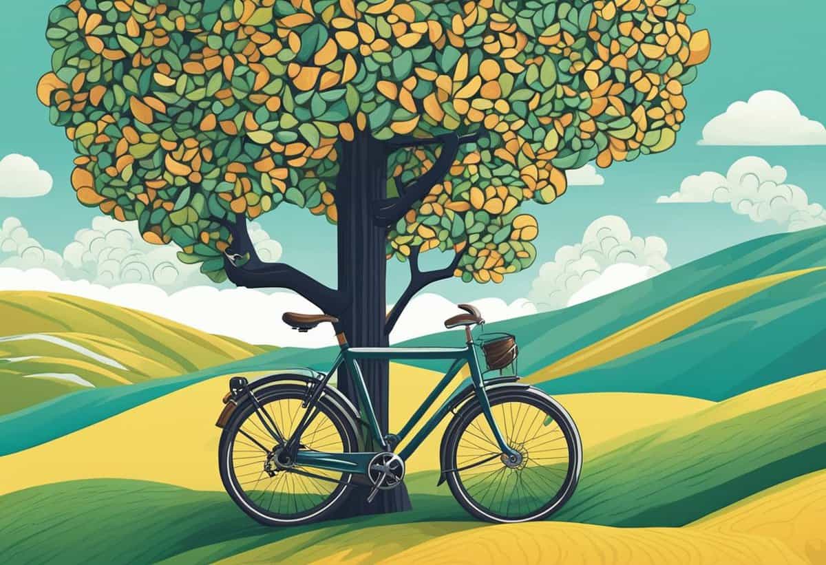 A bicycle parked under a vibrant, stylized tree on a rolling, green landscape.