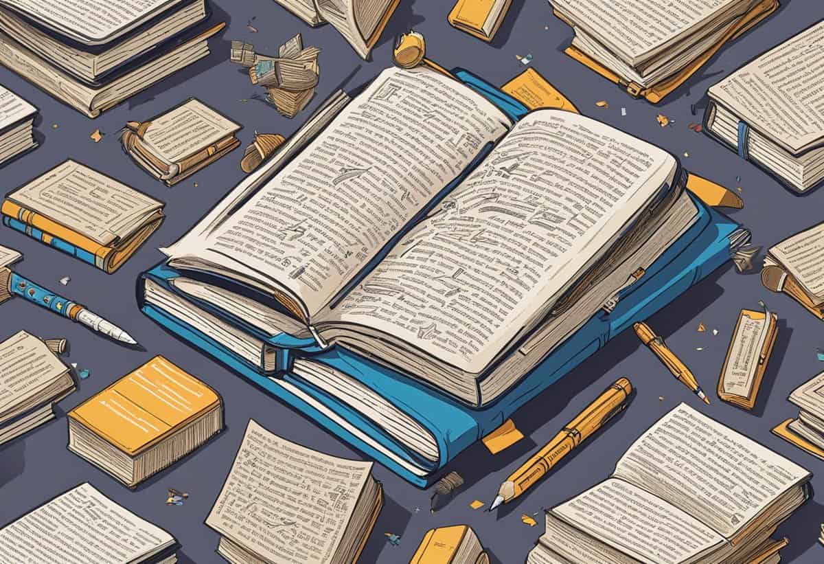 An open book surrounded by scattered writing tools and closed books.