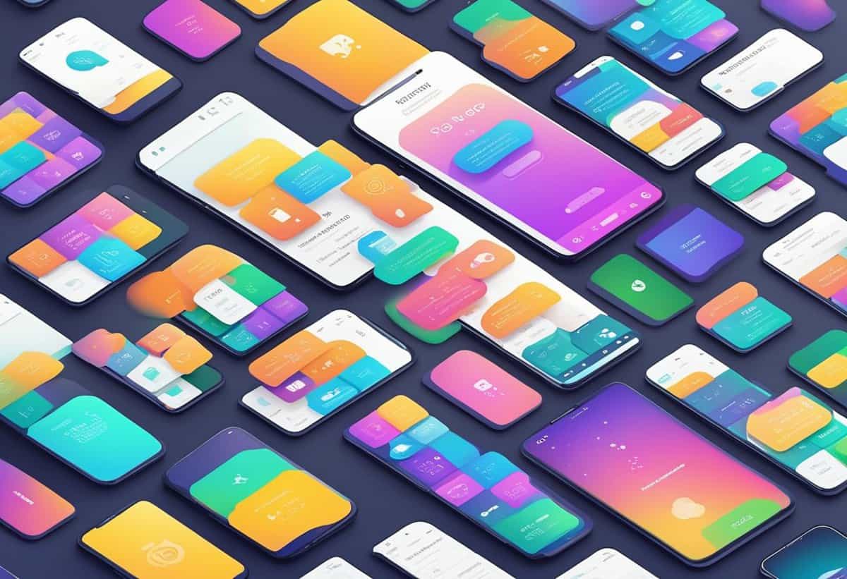 A grid of smartphones displaying a variety of colorful app interface designs.