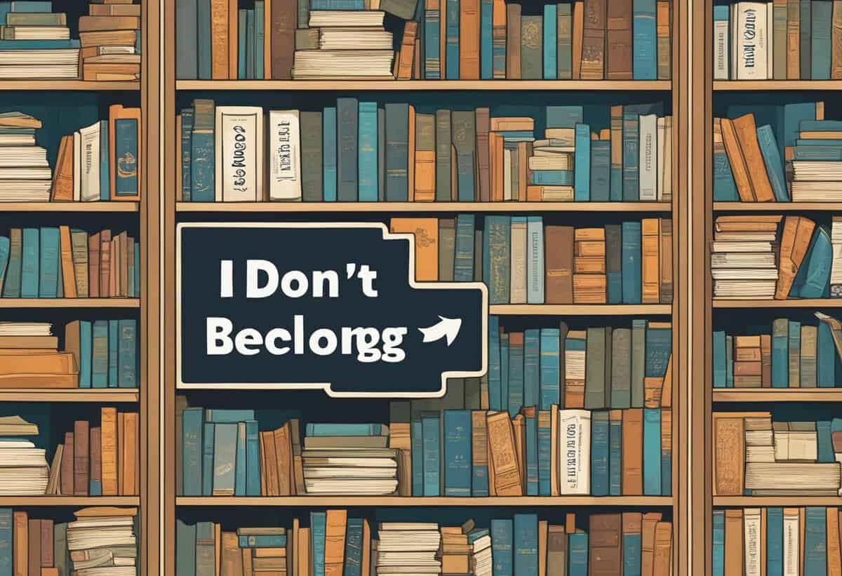 A speech bubble sticker with the text "i don't belong" placed incongruously on a neatly organized bookshelf.