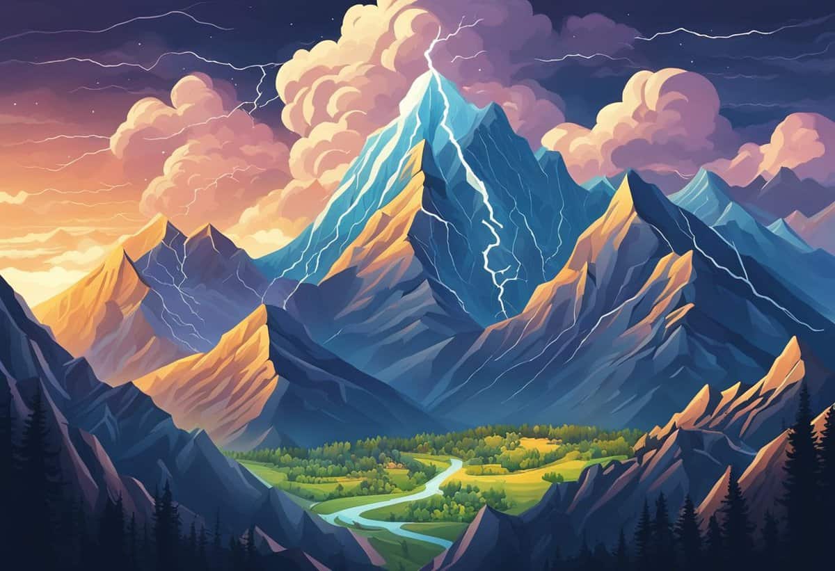 A vividly colored illustration of a mountain landscape with a lightning strike in the distance.