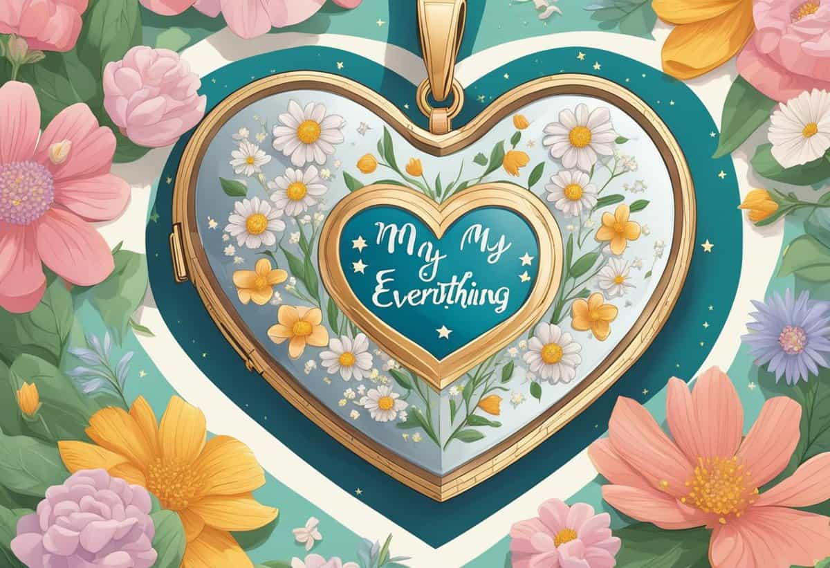 Gold heart-shaped locket with the inscription "my everything" surrounded by illustrated flowers.