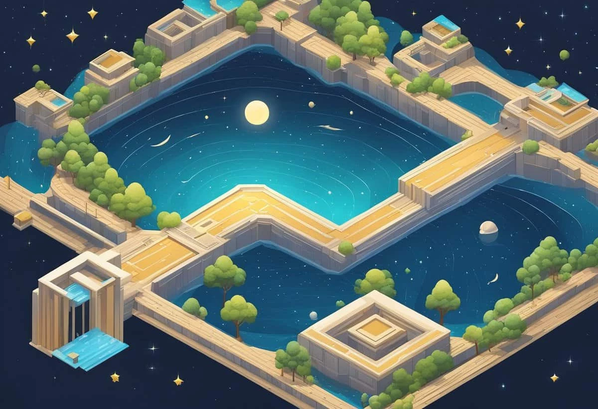 Isometric illustration of a stylized, ancient stepwell structure with water, surrounded by greenery, under a starlit sky.