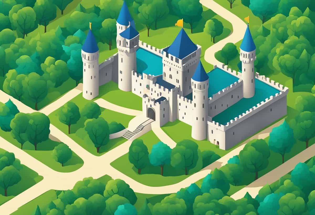 Illustration of a fairytale castle surrounded by a lush forest.