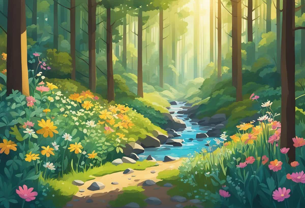 Sunny forest clearing with a small stream and vibrant wildflowers.