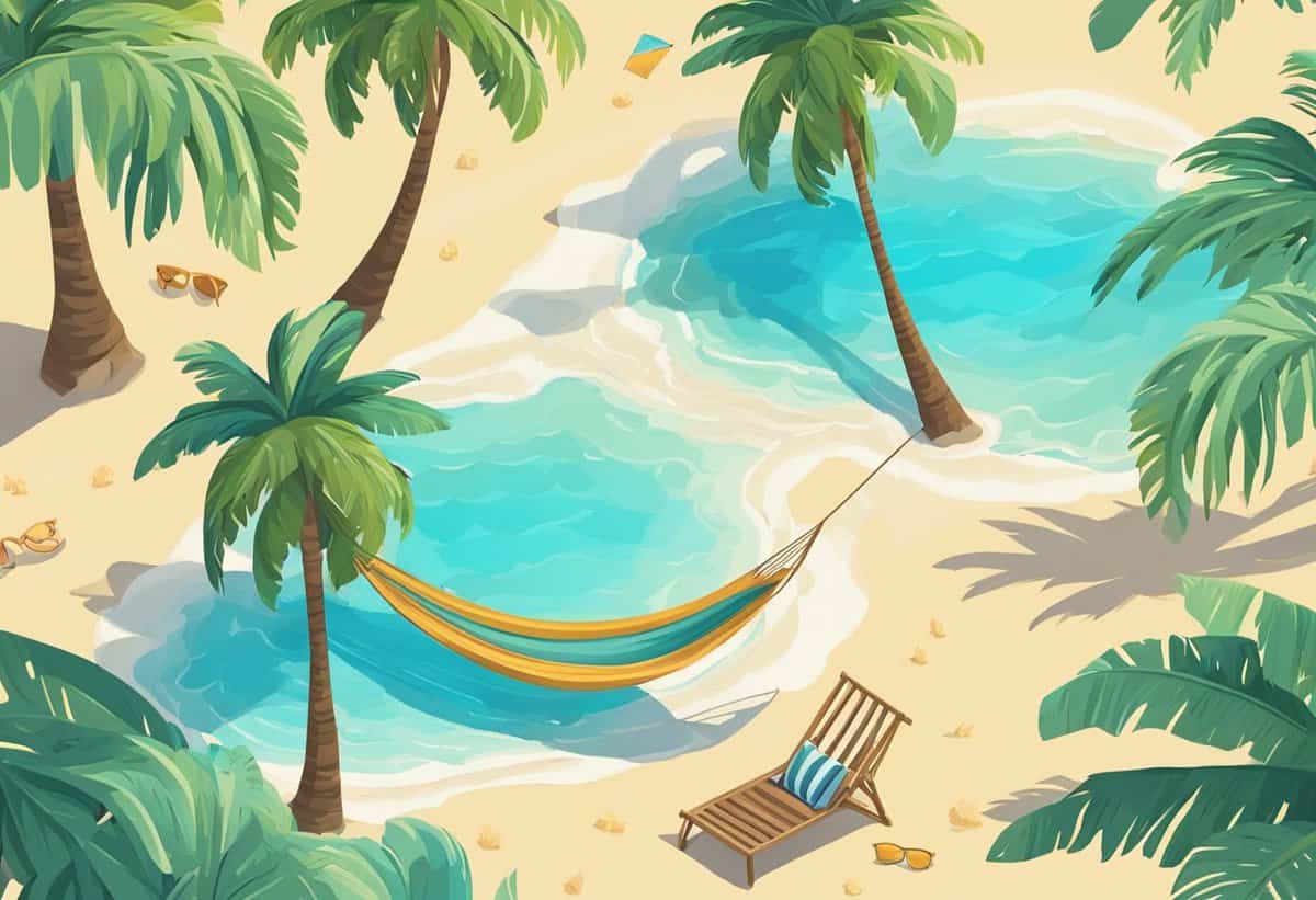 Tropical beach scene with a hammock between palm trees and a lounge chair on the sand.