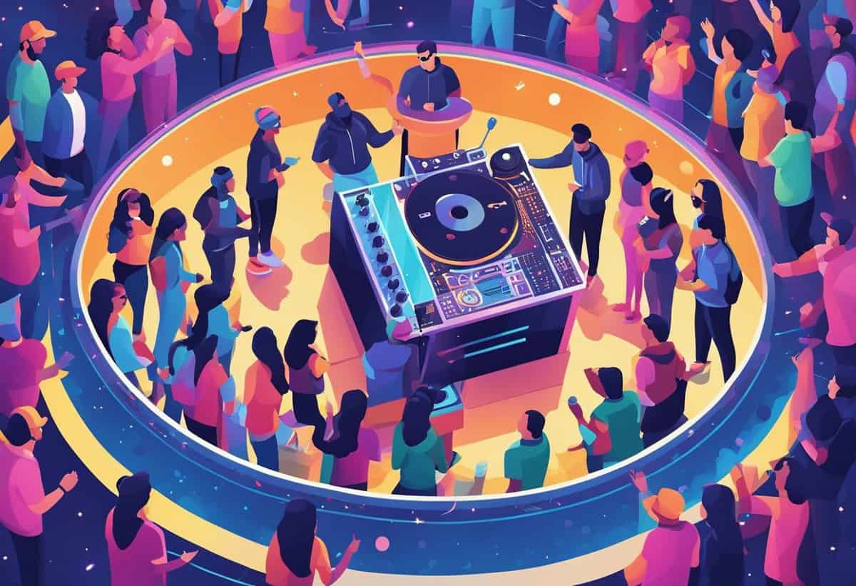 A vibrant illustration of a dj performing at a lively party surrounded by a crowd of people dancing.