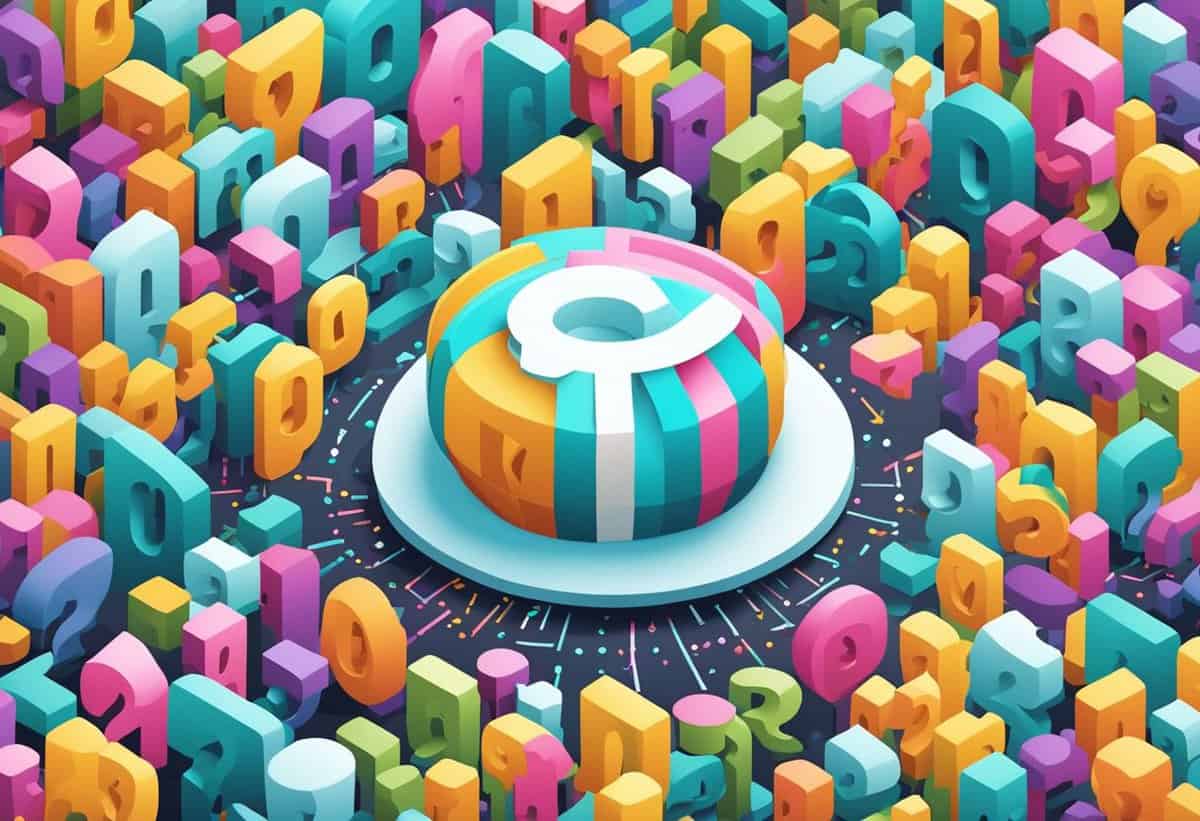 A vibrant illustration of a decorated doughnut surrounded by a multitude of colorful three-dimensional numbers.