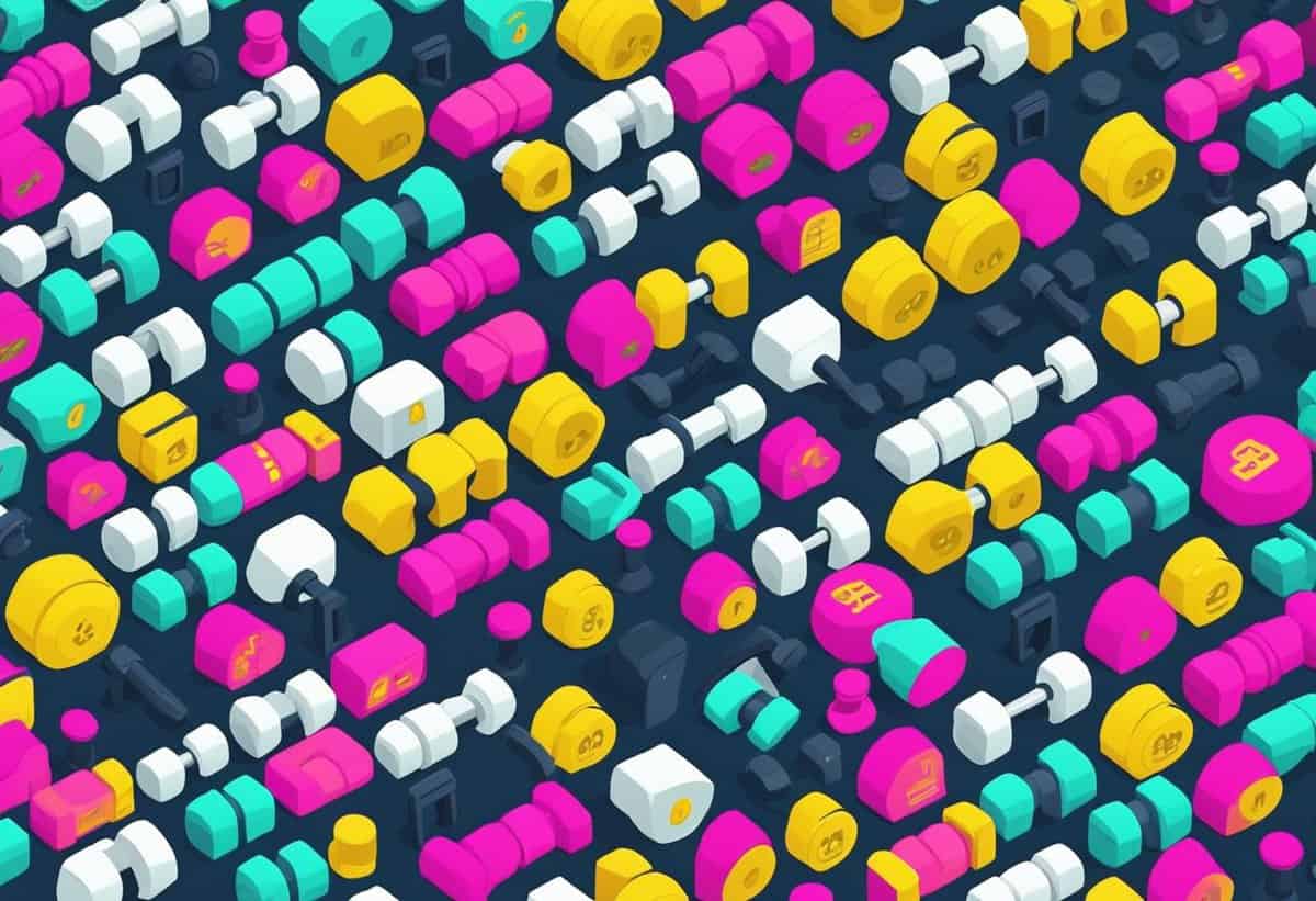 A colorful array of isometric exercise equipment, including dumbbells and water bottles, arranged in a pattern.
