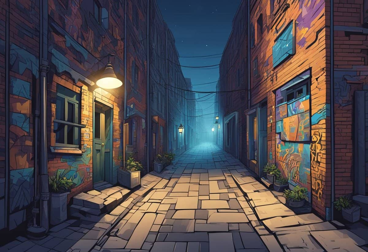 An illuminated, narrow city alley at twilight with cobblestone pavement and graffiti-adorned brick walls.