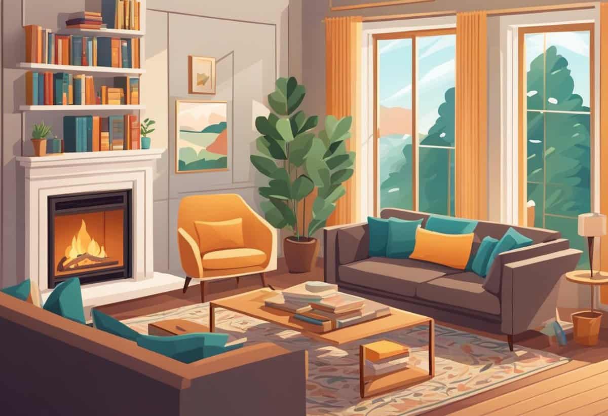 Cozy living room with a fireplace, comfortable furnishings, and a view of the trees outside.