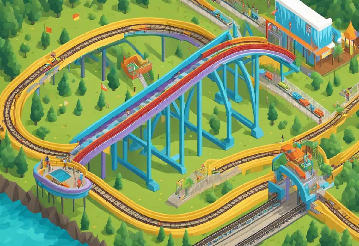 Isometric view of a colorful, animated roller coaster with tracks running through a vibrant amusement park setting.