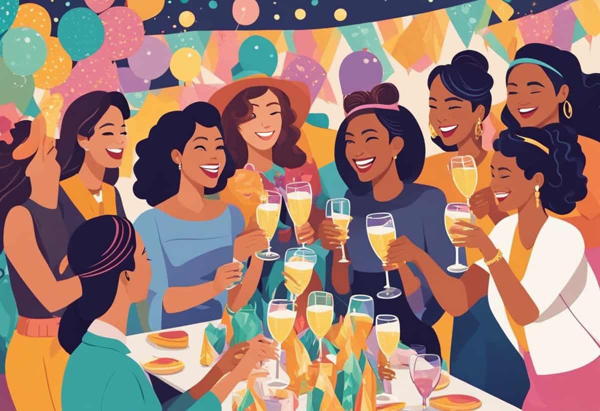 A group of women celebrating with a toast at a festive gathering.
