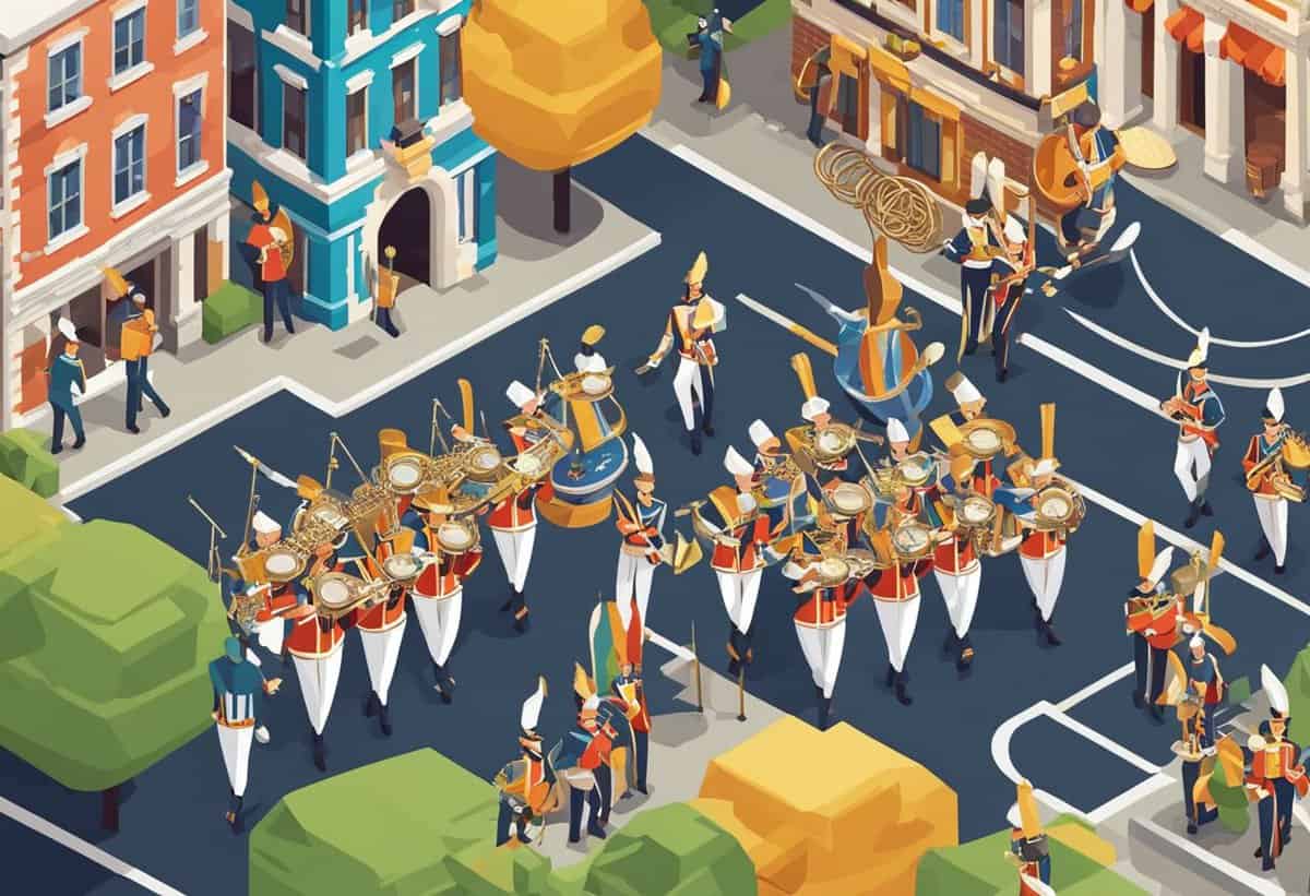Illustration of a marching band parading down a city street with drummers and brass instrument players in ceremonial uniforms.