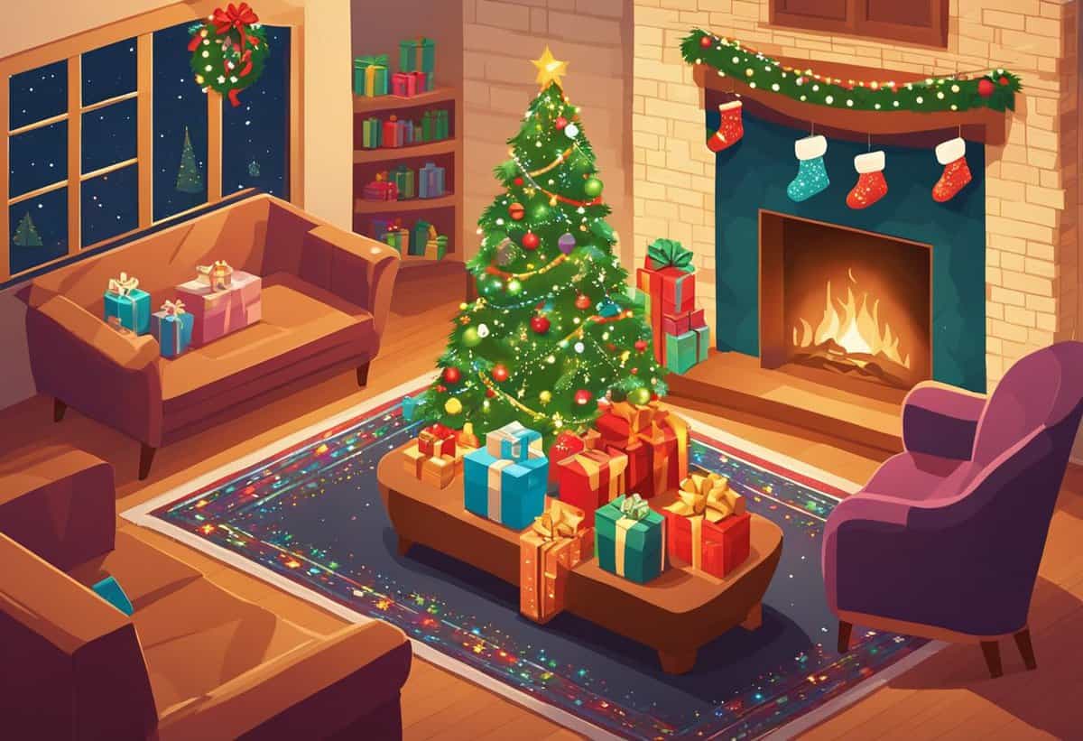 A cozy christmas-themed living room with a decorated tree, presents, a lit fireplace, and stockings hanging from the mantel.
