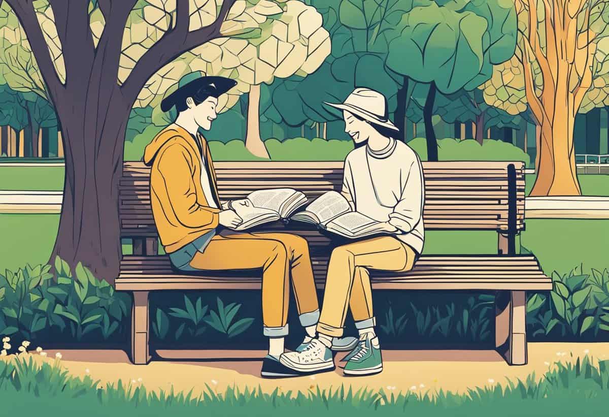 Two individuals engrossed in reading a book together on a park bench.