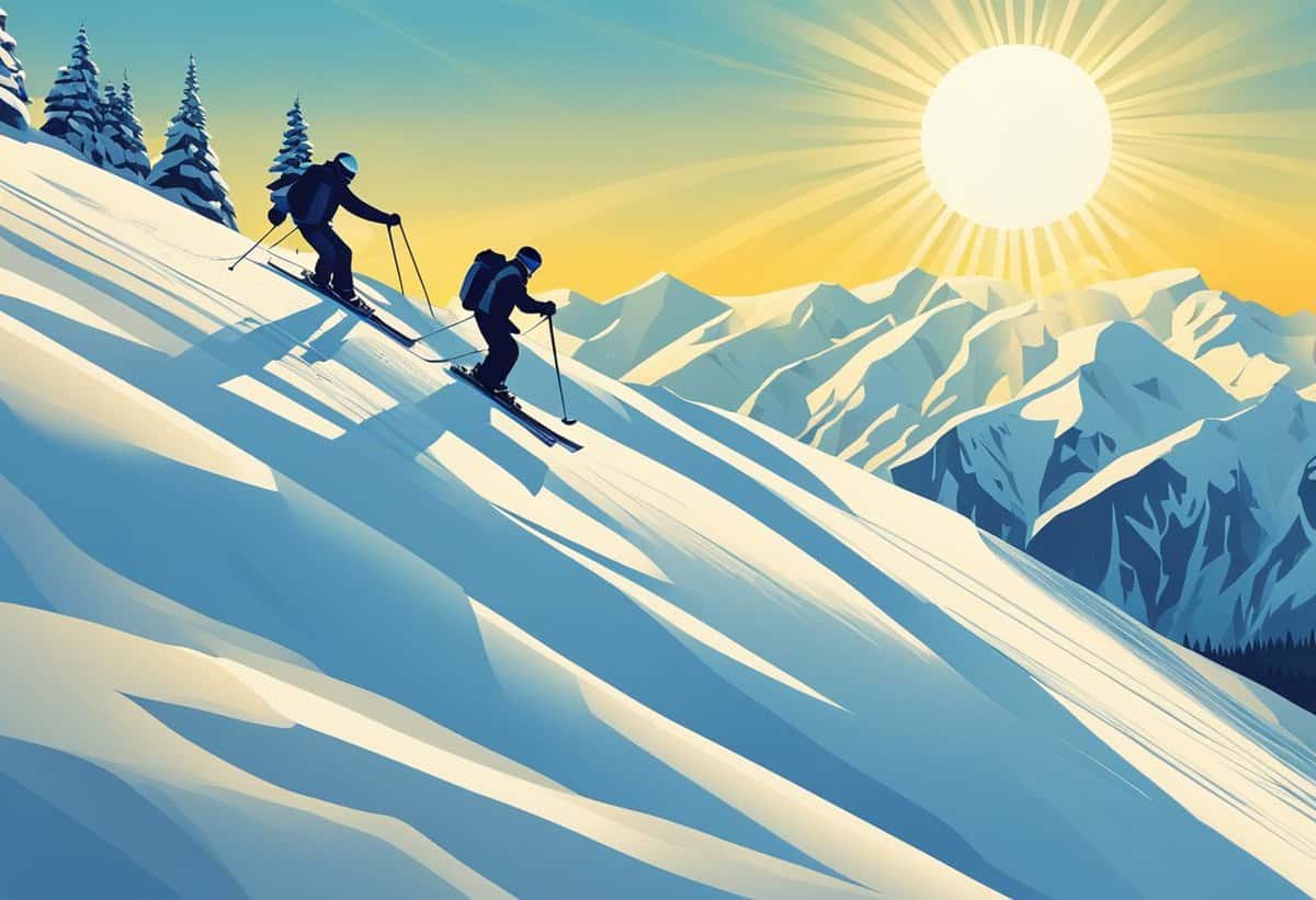 Two skiers descending a snowy mountain slope with sun and peaks in the background.