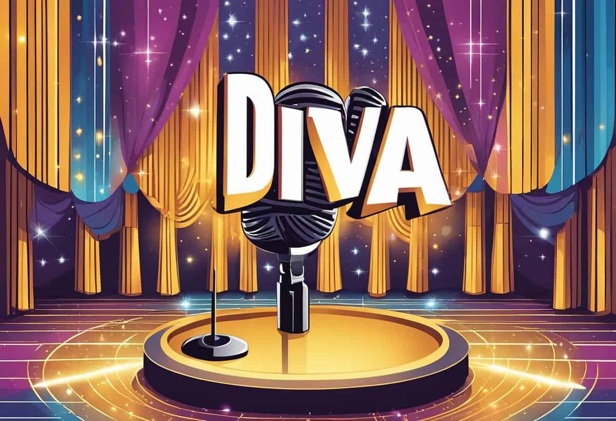 Illustration of a vibrant stage with a microphone and the word "diva" in large letters, suggesting a glamorous performance setting.