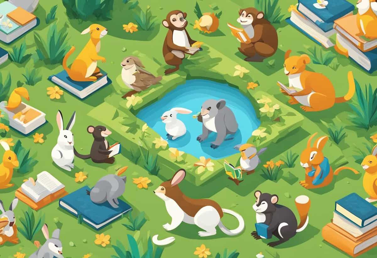 Illustration of various animals reading books and relaxing in a grassy field.