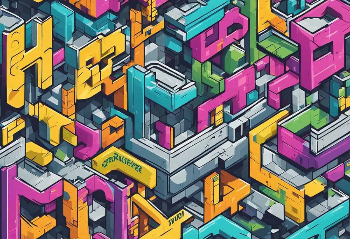 Colorful 3d graffiti-style artwork with overlapping letters and shapes.