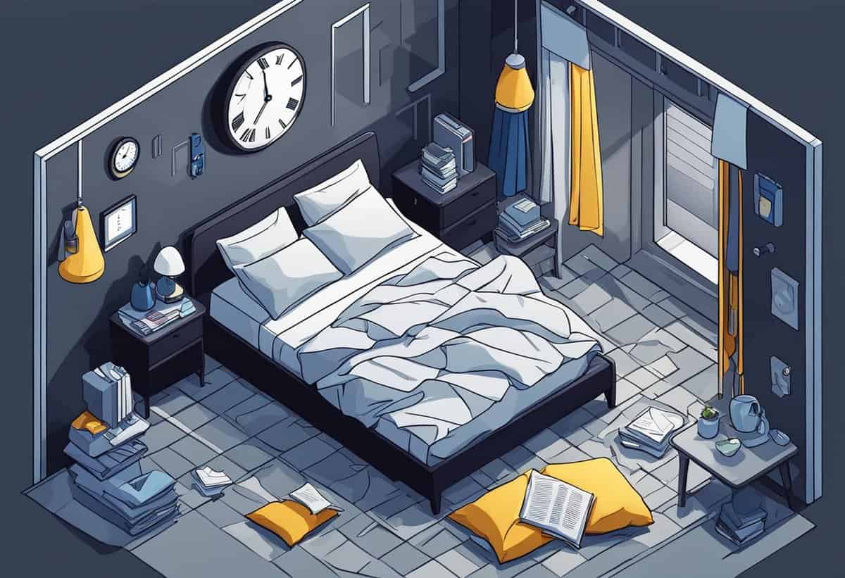 Isometric illustration of a neatly arranged modern bedroom with an unmade bed and various items scattered around.