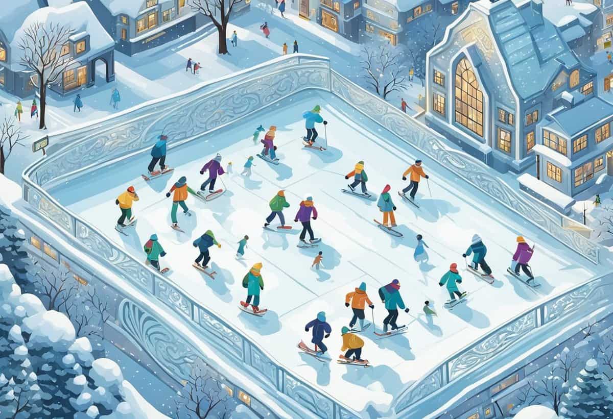 A group of people ice skating on an outdoor rink in a snowy town setting.