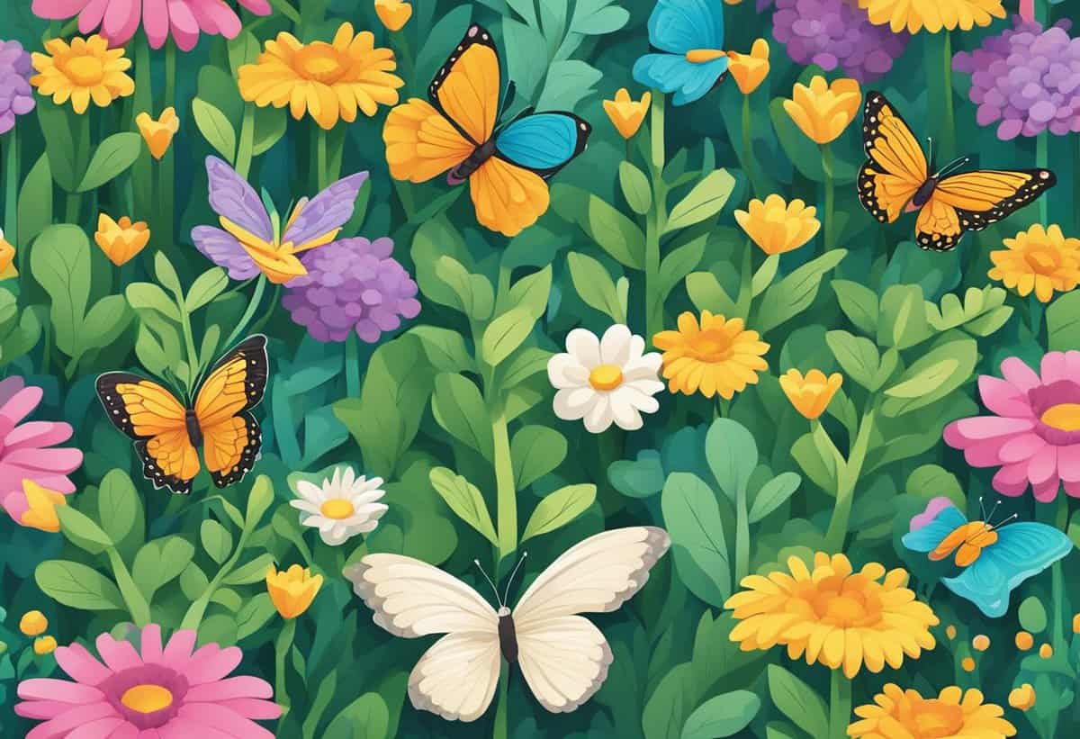 Colorful illustration of butterflies among a variety of flowers and green foliage.