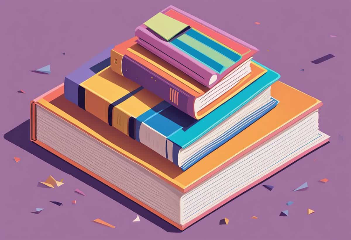 Stack of colorful, stylized books on a purple background.