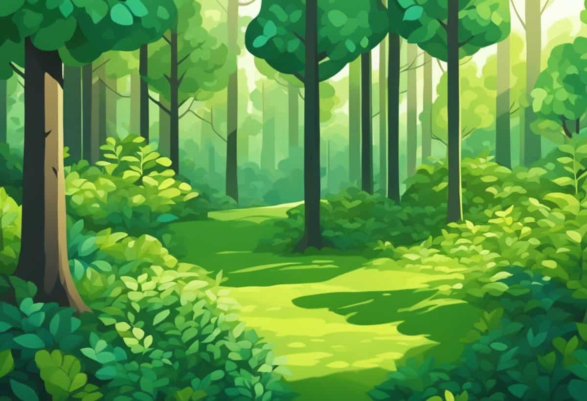 Lush green forest with sunlight filtering through the trees.