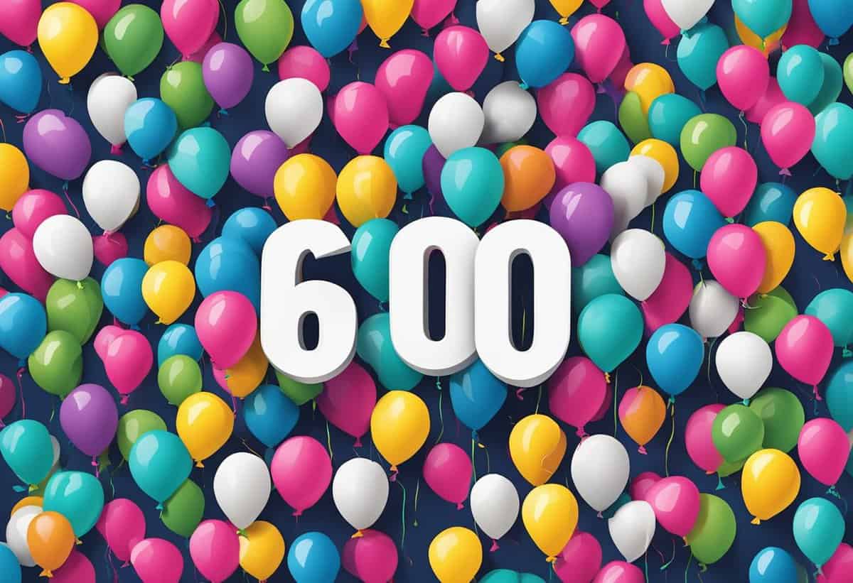 A vibrant display of multicolored balloons with the number 600 in large white digits centered in the image.