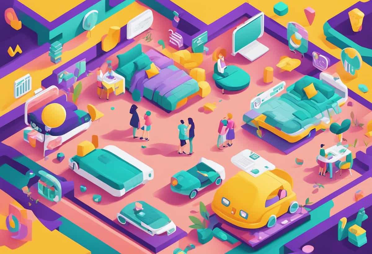 An isometric illustration of a vibrant and colorful urban scene with people engaging in various activities, vehicles on the streets, and stylized buildings.