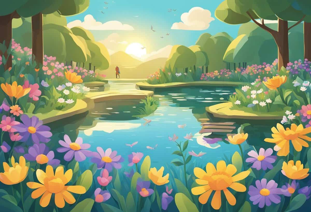 Idyllic landscape with lush flowers, serene river, and a person in the distance on a tranquil path.