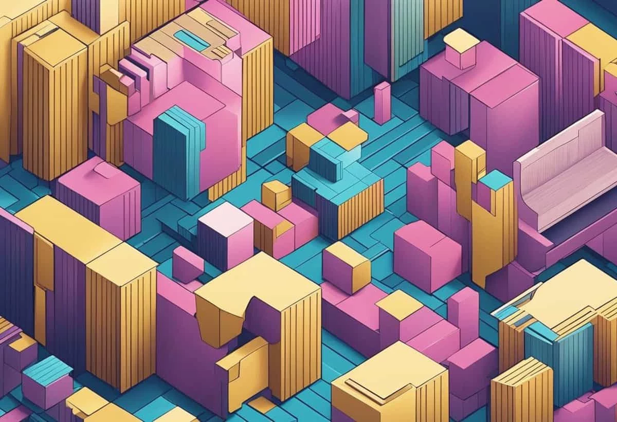 Colorful abstract illustration of a three-dimensional, geometric cityscape.